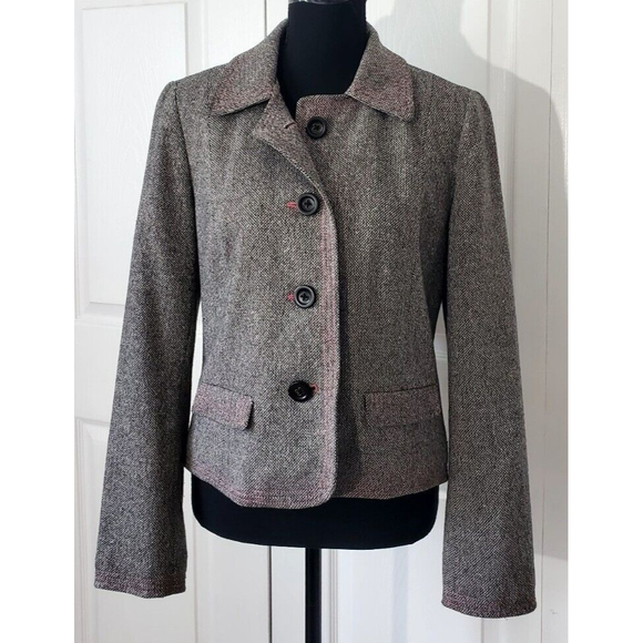 Gap Womens Gray Tweed Wool Blend Blazer Pink Accent Stitched Jacket Sz M EUC - Picture 1 of 10
